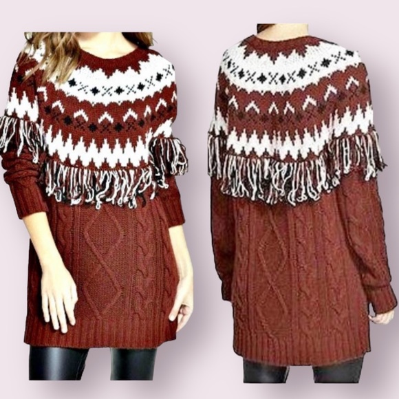 NWT Glamorous Fair Isle Tunic Sweater Fringes Cable Knit Burgundy Size Small - Picture 1 of 11